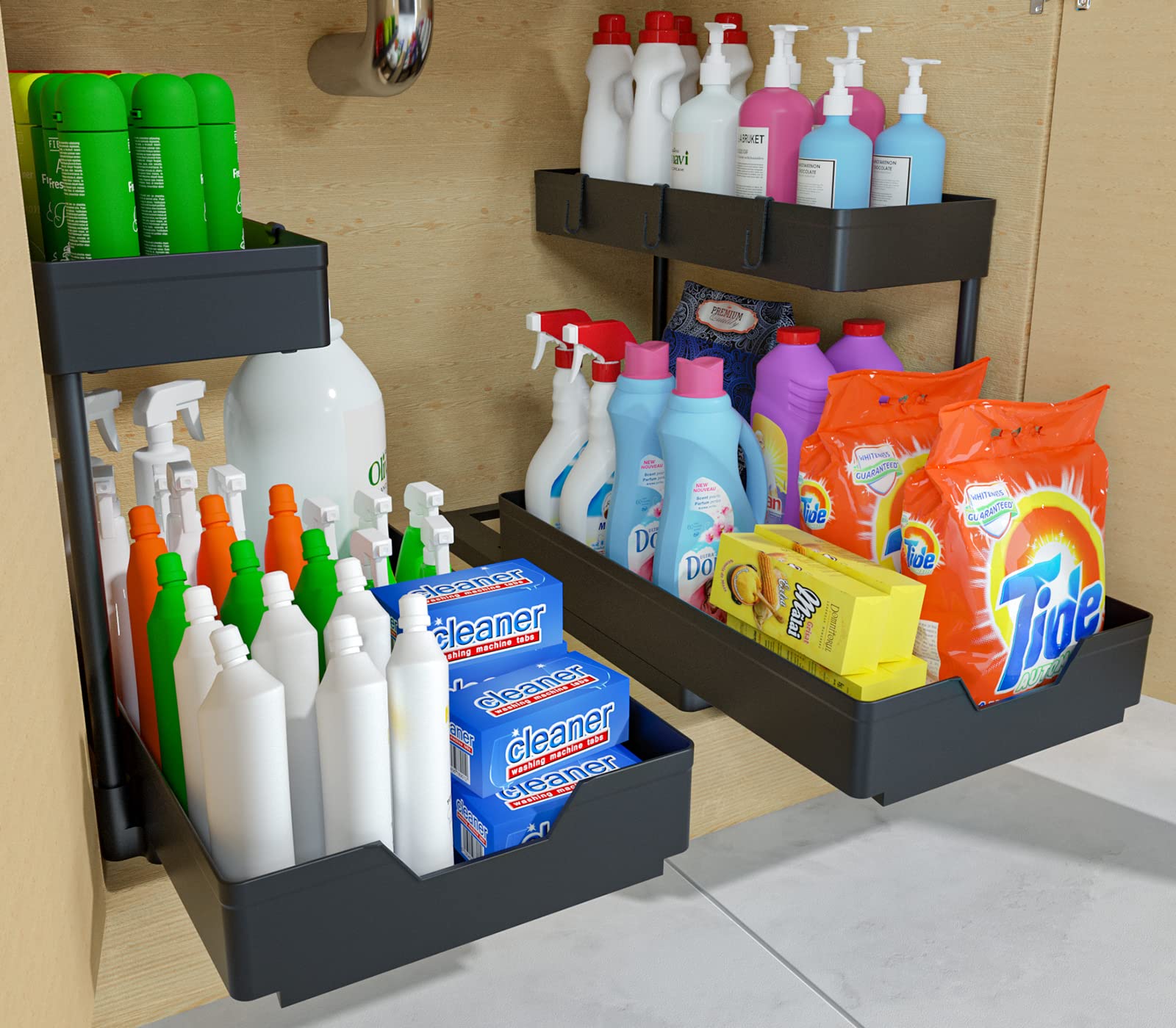Photo 1 of 2 Pack Under Sink Organizer 2 Tier Sliding Cabinet Organizers Multi-Purpose Sink Storage Basket L-Shape Narrow Space Storage Shelves with 4 Hook for Kitchen Bathroom Drawer, Black