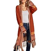 FERBIA Women Boho Cardigan Sweater Long Open Front Maxi Knit Sweaters Aztec Tribal Tassel Fringe Thin Coat