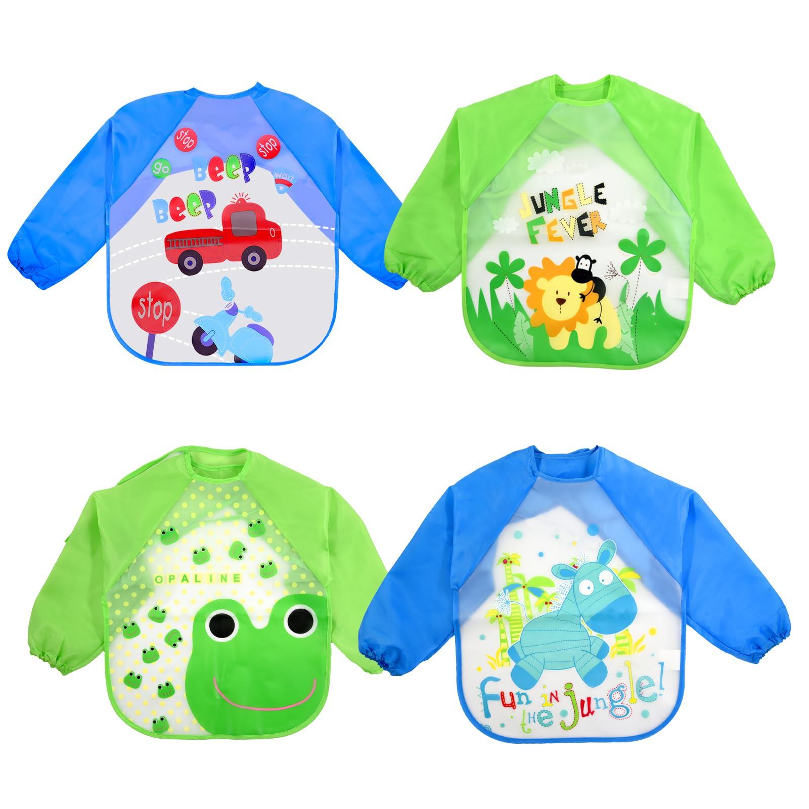 JinBei Bibs With Sleeves Baby Waterproof Feeding Long Sleeves Weaning Bib Apron 4Pcs Plastic Toddler Eating Washable Large Food Kids Boys Painting Playing EVA Bibs Smock 6 Months to 3 Years