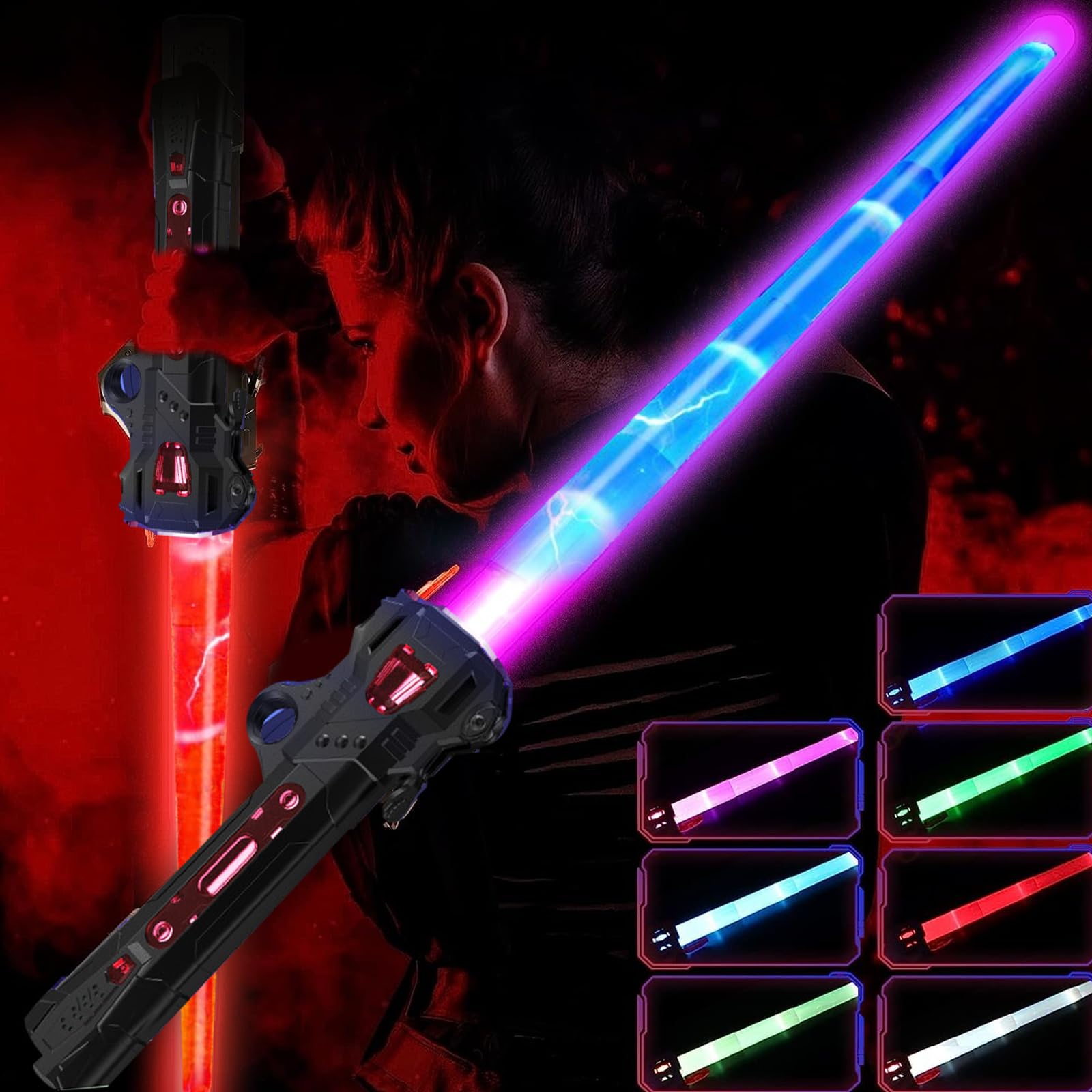 ZYGSEVE Light Saber for Kids - LED Colour Changing Lightsaber Toys With 7 Colors and FX Sounds - Extendable Light Sabers for Halloween Fancy Dress Parties (Black)