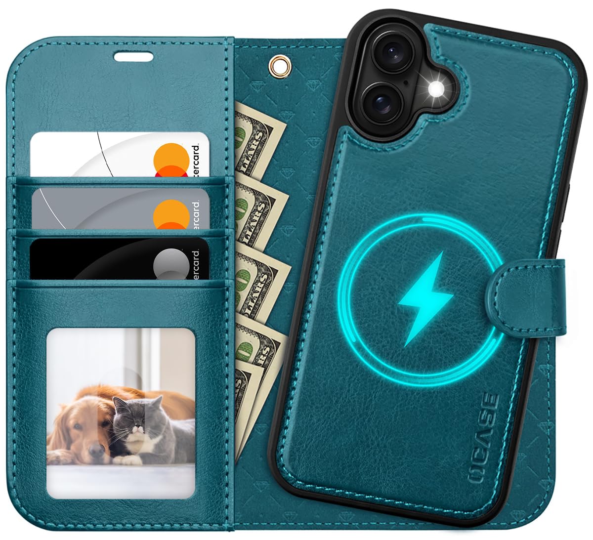 OCASE for iPhone 16 Case, Detachable 2 in 1 PU Leather Wallet Case with RFID Blocking, Wireless Charging, Card Holders, Kickstand, Shockproof Removable Phone Cover, Peacock Blue