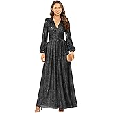 Rvzcn Sparkly Sequin Long Sleeve Mother of The Bride Dresses for Women V Neck Pleated Formal Evening Gown