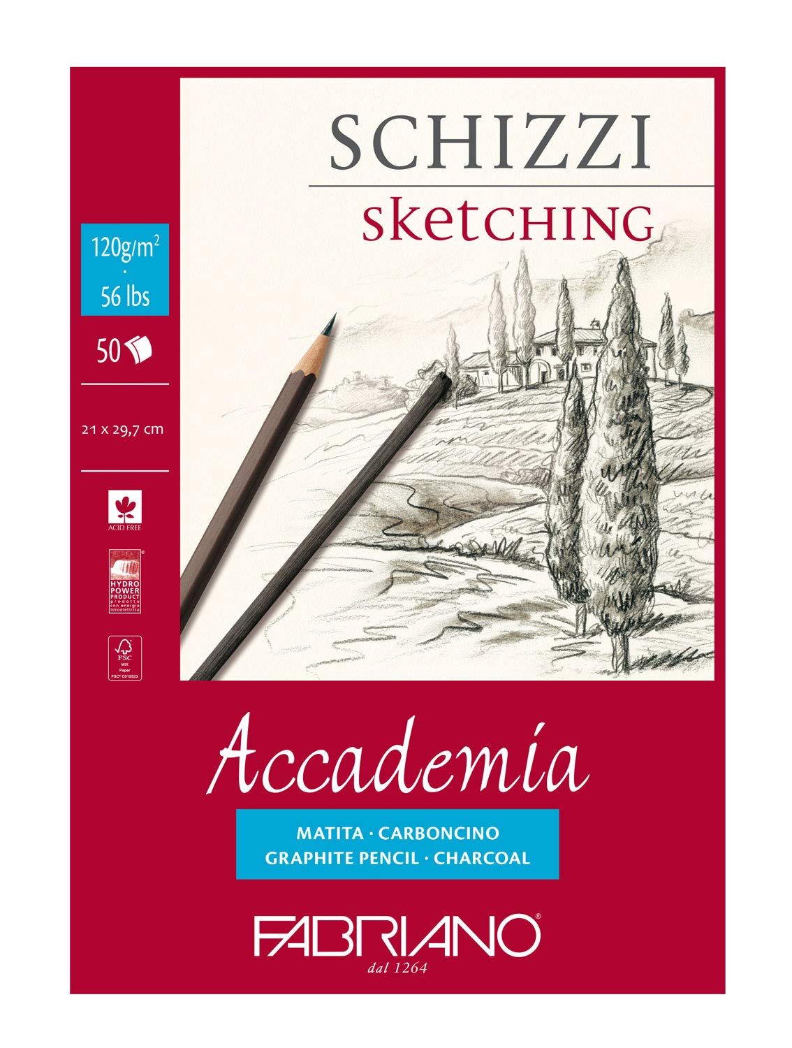 Honsell Fabriano Accademia Schizzi 41122129 DIN A4 120 g/m² 50 Sheets White High-Quality Eraser-Resistant Drawing Paper Acid and Lignin Free for All Dry Techniques