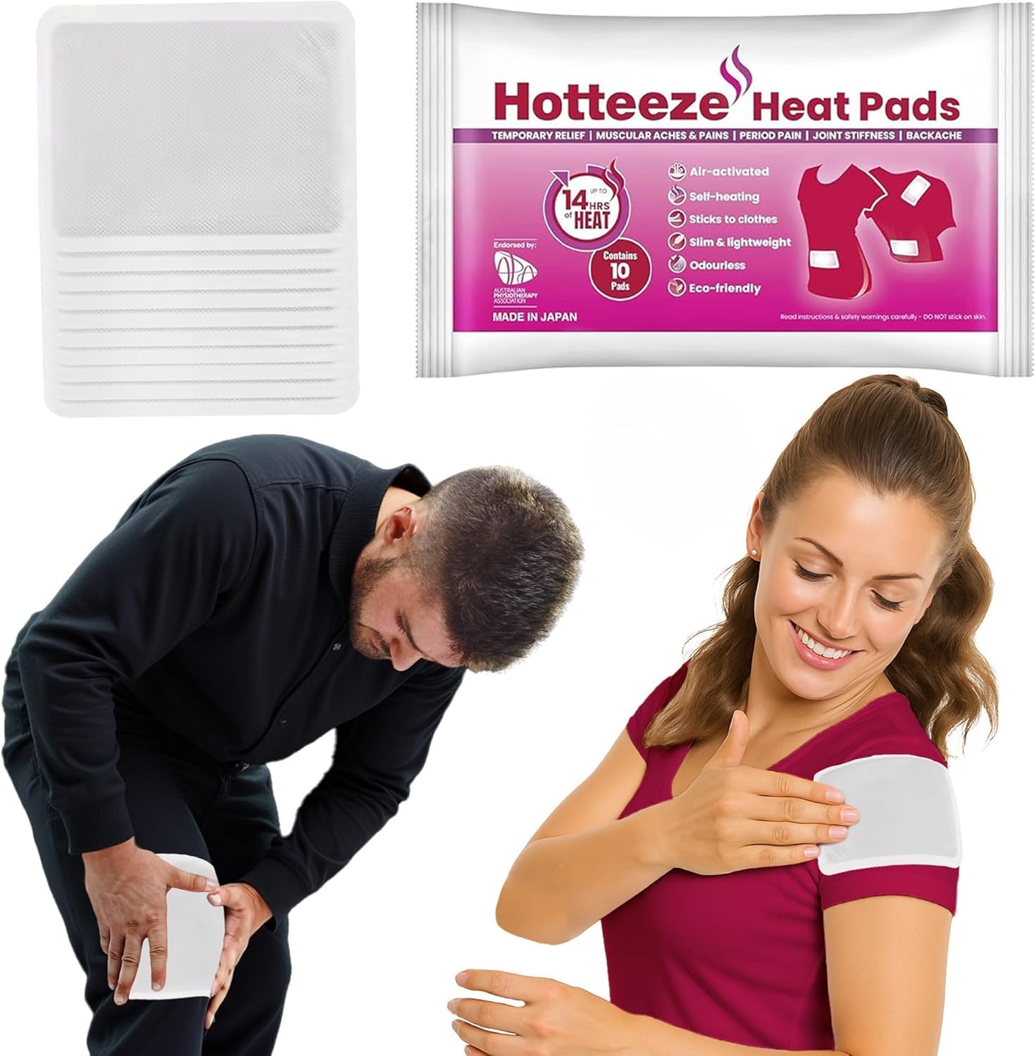 Hotteeze Heat Pads - 10 Pads Fast-Acting, Air-Activated Self-Adhesive Patches for Period Cramps, Muscle Soreness, Back & Joint Pain Relief - Eco-Friendly, Disposable Heating Therapy