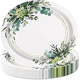 50Pcs Greenery Paper Plate Watercolor Eucalyptus Leaves Oval Disposable Plates 9 Inch Green Leaves Tableware Dessert Plates for Spring Wedding