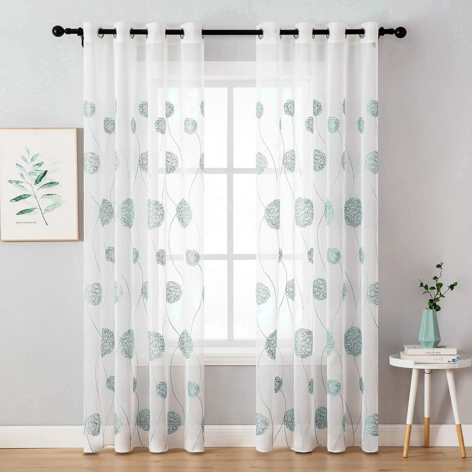 MIULEE 2 Panels Embroidered Sheer Window Flora Design Grommet Curtains Window Voile Panels/Drape/Treatment for Bedroom Living Room Flora Blue 55" Wx88 L — image 1