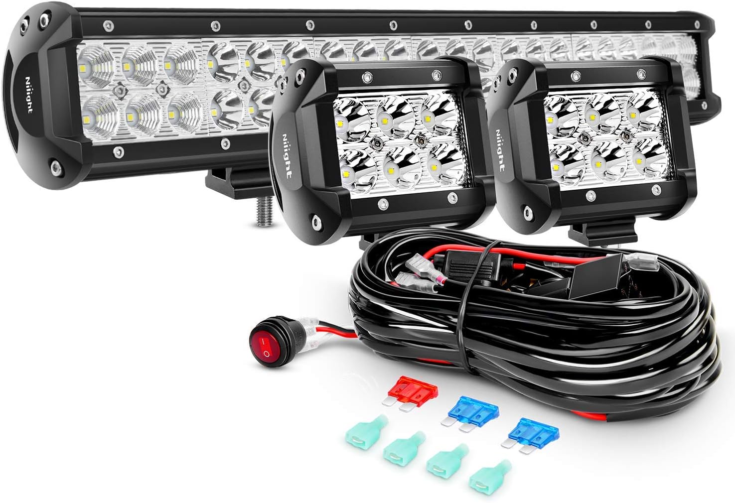 Nilight 20Inch 126W Flood Combo Road Light Bar 2PCS 18w 4Inch Spot LED Pods with Wiring Harness Kit, 2 Years Warranty: Automotive