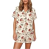 Tenopuli Women Satin Silk Shorts Pajama Set 2 Piece Short Sleeve Button Up Pajama Set Holiday Loose Fit V Neck Sleepwear