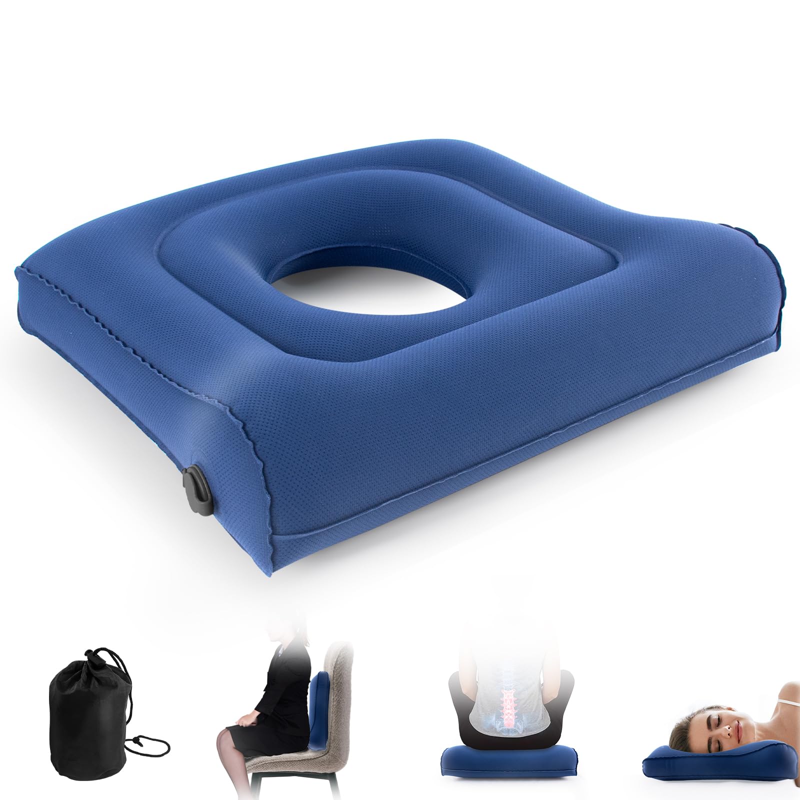 Photo 1 of Potelane Multifunctional Seat Cushion,Inflatable Head Pillow,Adjustable Donut Pillow,Portable Backrest Cushion:Pressure Relief for Hemorrhoid, Tailbone Pain,Bed Sore,17.5"x17"x3.1"(Blue)