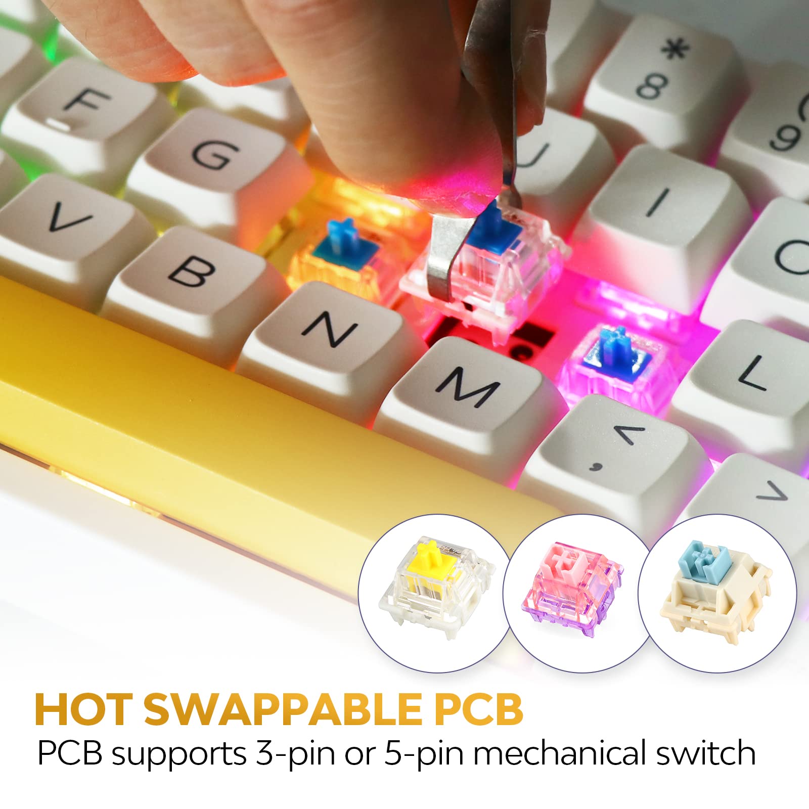 EPOMAKER TH66 Pro 65% Hot Swappable RGB 2.4Ghz/Bluetooth 5.0/Wired Mechanical Gaming Keyboard with MDA PBT Keycaps, Knob Control for Mac/Win (White Case, Gateron Pro Red)