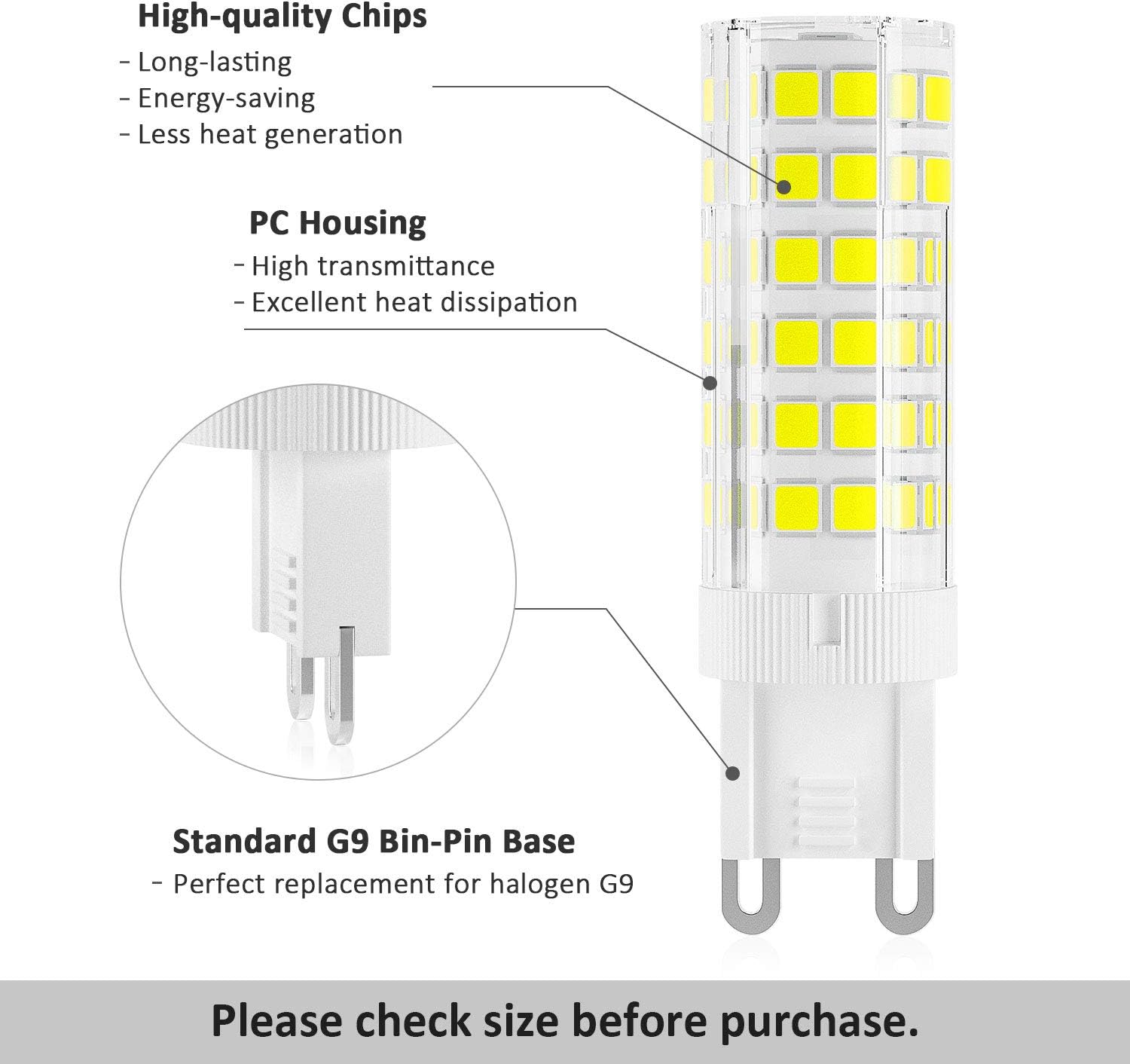 DiCUNO G9 Dimmable LED Light Bulbs, 4W (50W Halogen Equivalent), 450LM, Cool White 6000K, G9 Ceramic Bulbs for Home Lighting 6-Pack - Image 4