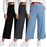 Neer 3 Pack Women's Plus Size Capris, Drawstring Cropped Wide Leg Pants Lounge Athletic Yoga Sweatpant with Pocket