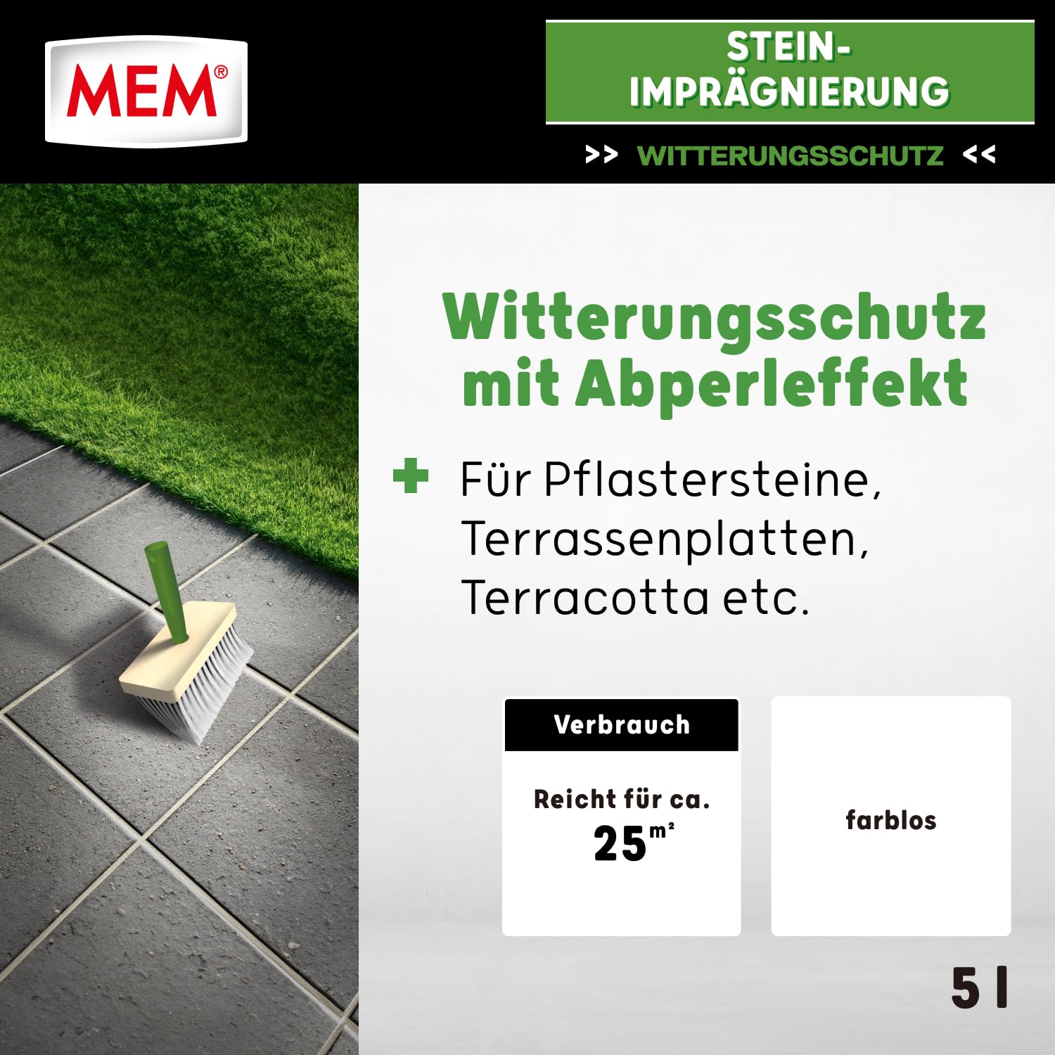 MEM Stein-Imprägnierung, Wasser- und schmutzabweisend, Schützender Abperleffekt, Lösemittelfrei, Transparent, 5 l 2