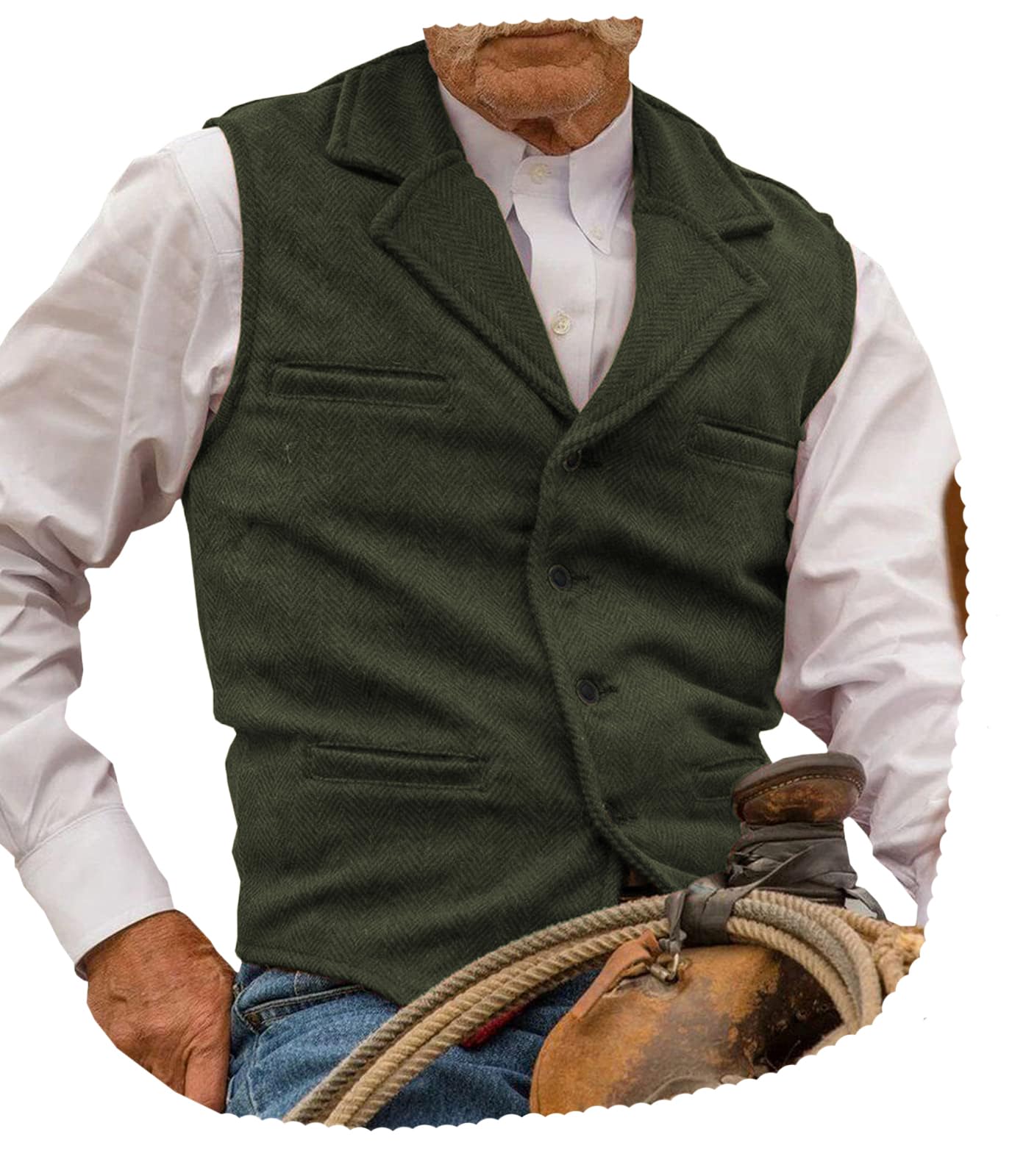 Photo 1 of Garqia Clyon Hunting Aged Mens Tweed Vests Herringbone Waistcoats Retro Casual Wedding Wool Business Vests (Army Green,L)