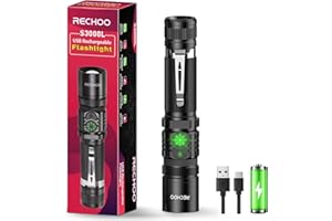 RECHOO Rechargeable Flashlights High Lumens, Double Switch S3000L LED Flashlight, Super Bright 5 Modes Zoomable Waterproof EDC Flashlights for Home, Emergncies, Camping(Battery Included)