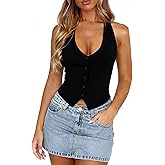Halter Tops for Women Sexy Button up Tank Top Sleeveless Backless Y2k Halter Vest Top Slim Fit Ribbed Crop Tops Party, Daily