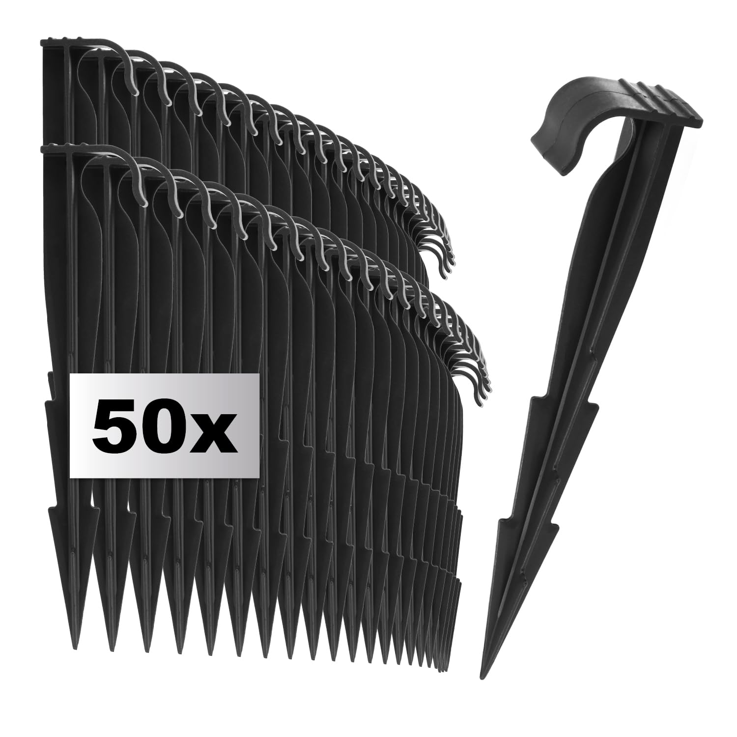 com-four® 50x fixing hooks for irrigation pipes - Plastic ground anchors - Fixing pins for hoses, cables and covers - Ground pegs with barbs (50x black - for hoses)