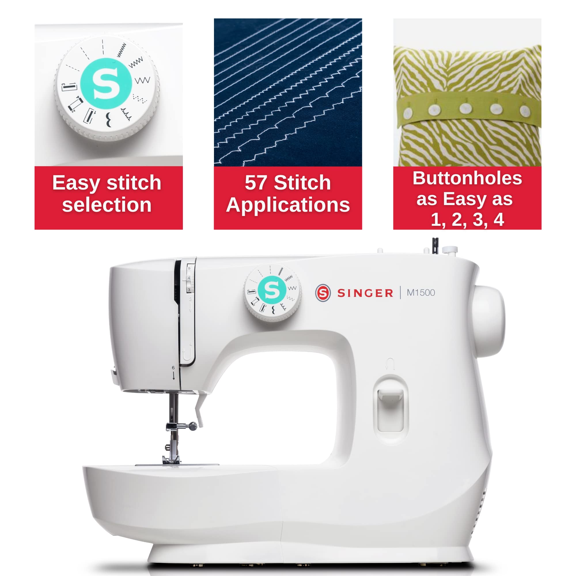 SINGER M1500 Lightweight & Portable Sewing Machine with Accessory Kit | 57 Stitch Applications, LED Light & 4-step Buttonhole | Great for Quilting, Crafts & Mending