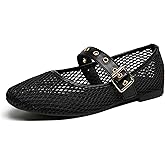 hingswink Black Mary Jane Shoes Women Fishnet Mesh Ballet Flats with Strap Buckle Closed Toe MaryJanes Ballerina Flats for Women Dressy Comfortable, MeshBlack6