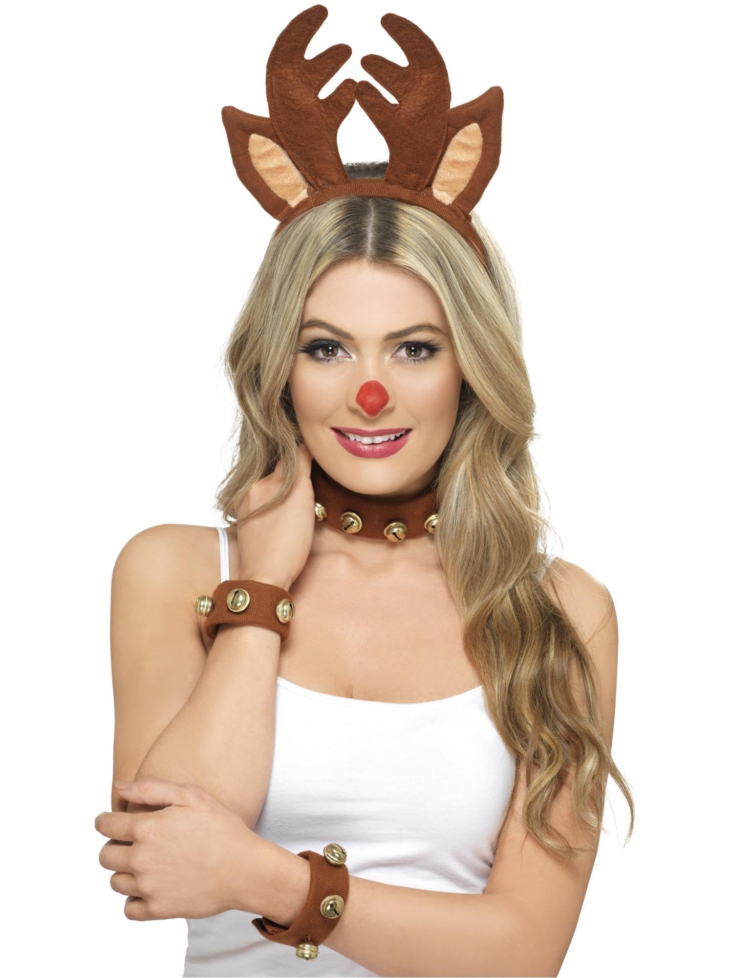 Smiffys Pin Up Reindeer Kit, Brown with Headband, Collar & Cuffs, Christmas Fancy Dress Accessory, Adult Dress Up Accessories