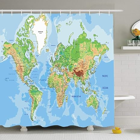 Amazon 浴室用シャワーカーテン72x78ブルーディテール非常に詳細な物理世界地図ラベリング教育地形ラベル地理学ヨーロッパアジアフック付き防水ポリエステル生地バスインテリアセット 0x180 Cm シャワーカーテン ホーム キッチン オンライン通販