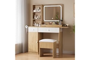 GarveeTech Makeup Vanity Desk with Mirror & Lights, Charging Station, Storage Drawers, Cabinet, Stool - Bedroom Dressing Tabl