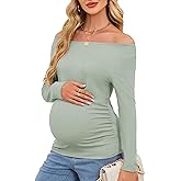 OUGES Womens Stretchy Wool Blend Off The Shoulder Side Ruched Maternity Tops Casual Going Out Trendy Slim Fit Shirt 2025