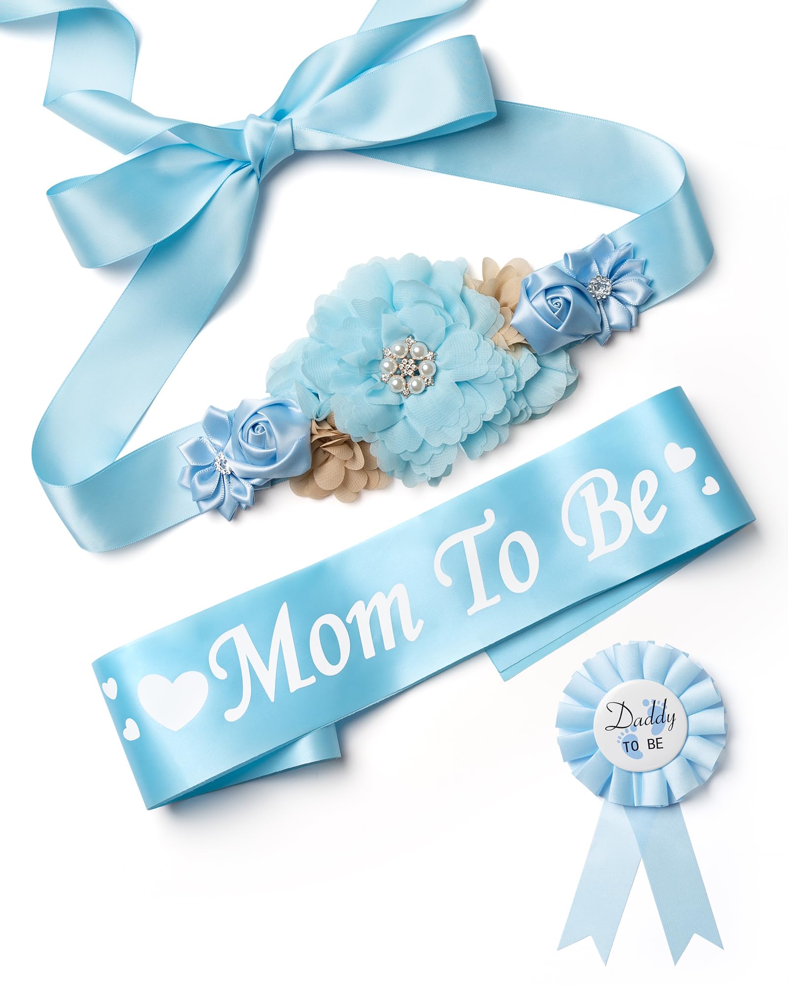 Photo 1 of Baby Shower Maternity Sash Belly Belt, Mom to Be & Dad to Be Button Pin, Pregnancy Maternity Flower Sash Belt for Gender Reveal