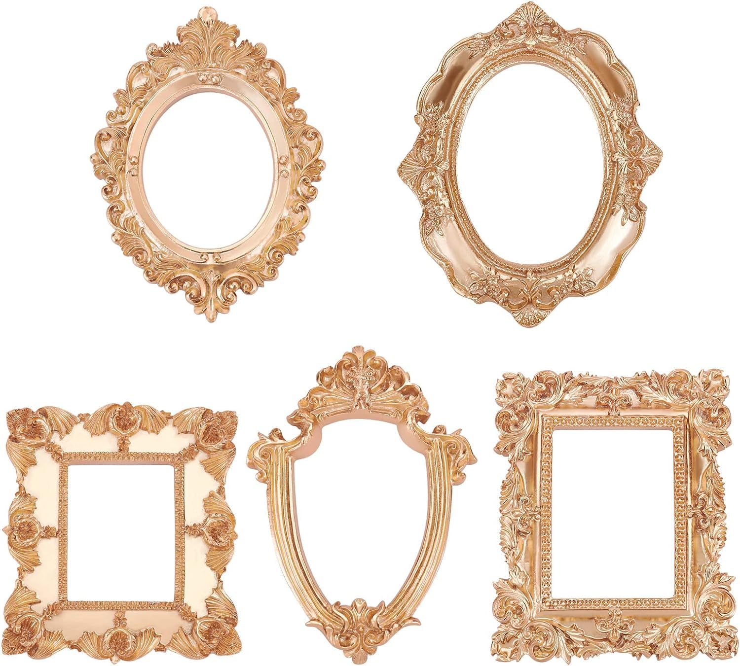 FINGERINSPIRE 5 Pcs Vintage Resin Picture Frame (5 Different Shapes & Sizes) Resin Gold Flower Oval Rectangle Frame WITHOUT Glass and Hook Tabletop Jewelry Display Frame for Photography Home Decor