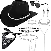 Zhamate 8 Pcs Western Cowgirl Accessories Rhinestone Cowboy Hat Belt Sunglasses Earrings Bracelet Bandana Cosplay Costume