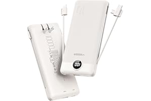 VEGER Portable Charger with Built-in AC Plug and Cables, All in One 10000mAh Ultra-Slim Power Bank, 15W Fast Charging for iPhone, Samsung, Android, Travel Essential (Coffee)