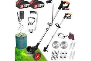 ASTARNING Cordless Weed Wacker Eater, Electric Weed Trimmer Battery Powered with 2 21V/2.0Ah Battery Operated & Charger & 5 Types Blades & Wheels, No-String Grass Trimmer/Lawn Edger/Brush Cutter for Garden Yard