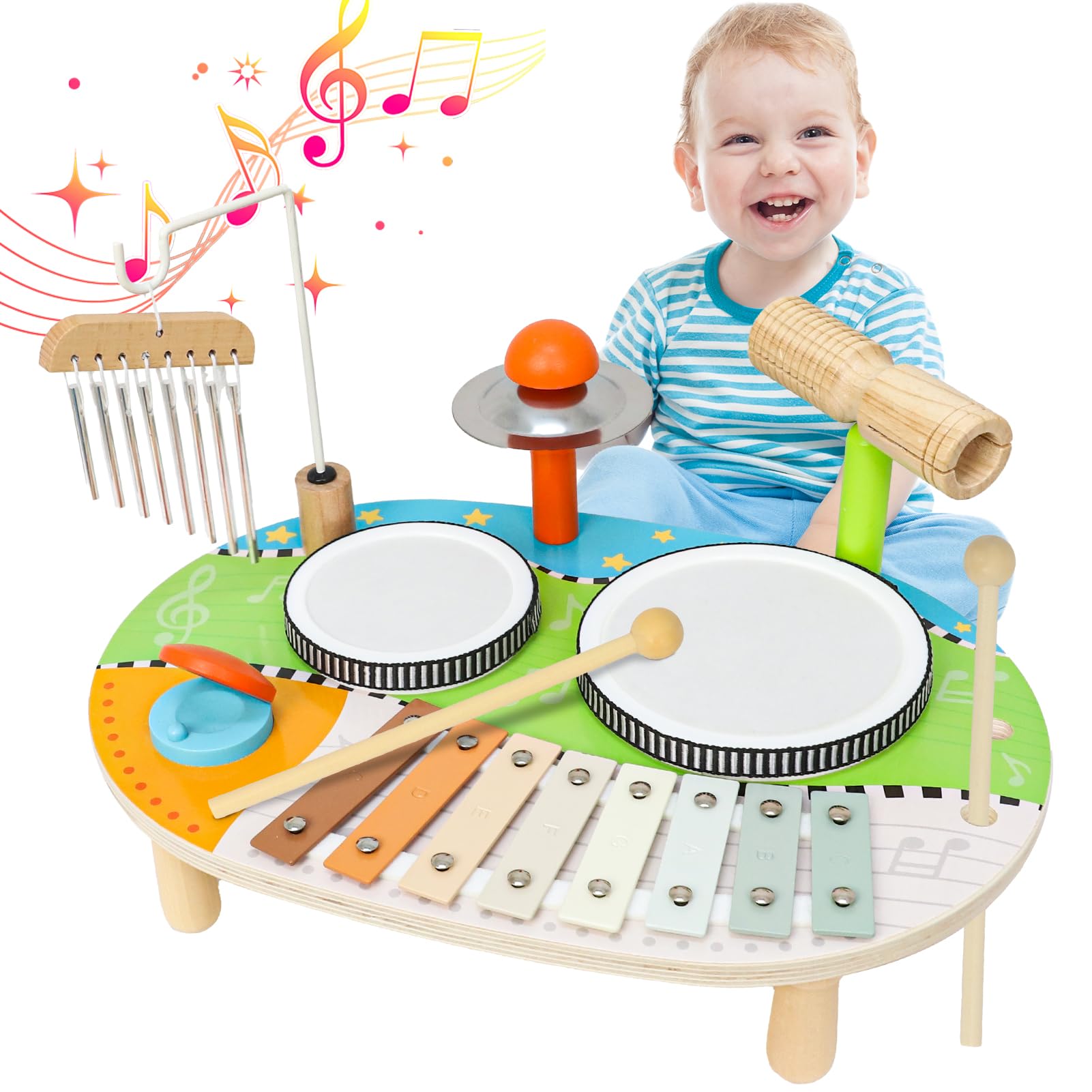 XIAPIA Kids Drum Kit, Baby Musical Instruments Toys for 1 Year Old, Toddler Drum Set with Wind Chimes, Xylophone for Kids, Percussion Musical Instruments Toys Birthday Gifts for Boys and Girls