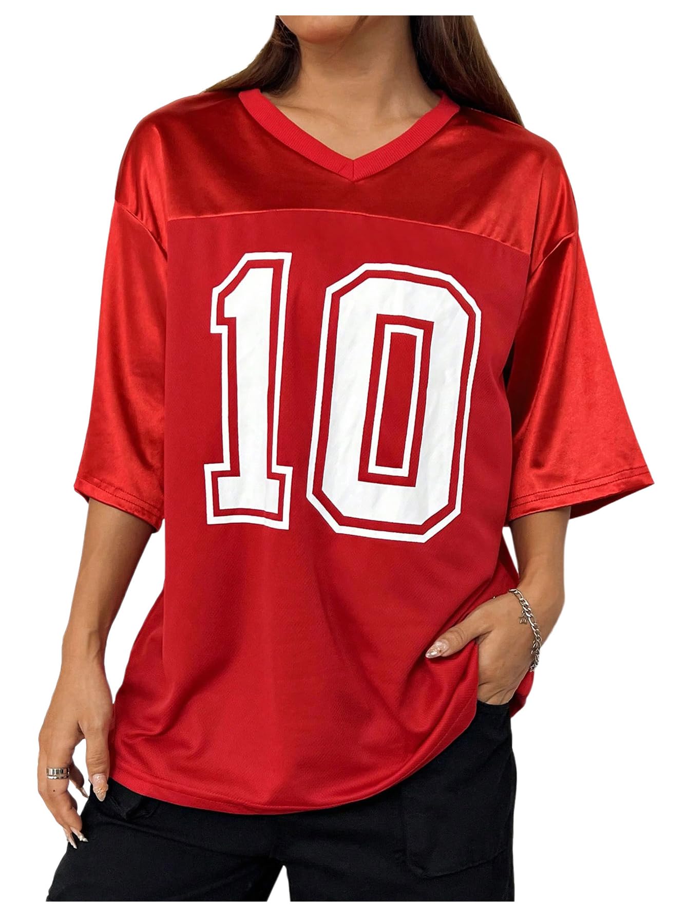 Photo 1 of Verdusa Women's Oversized Jersey Shirt Graphic Tees V Neck Short Sleeve Vintage T Shirts Red X-Small