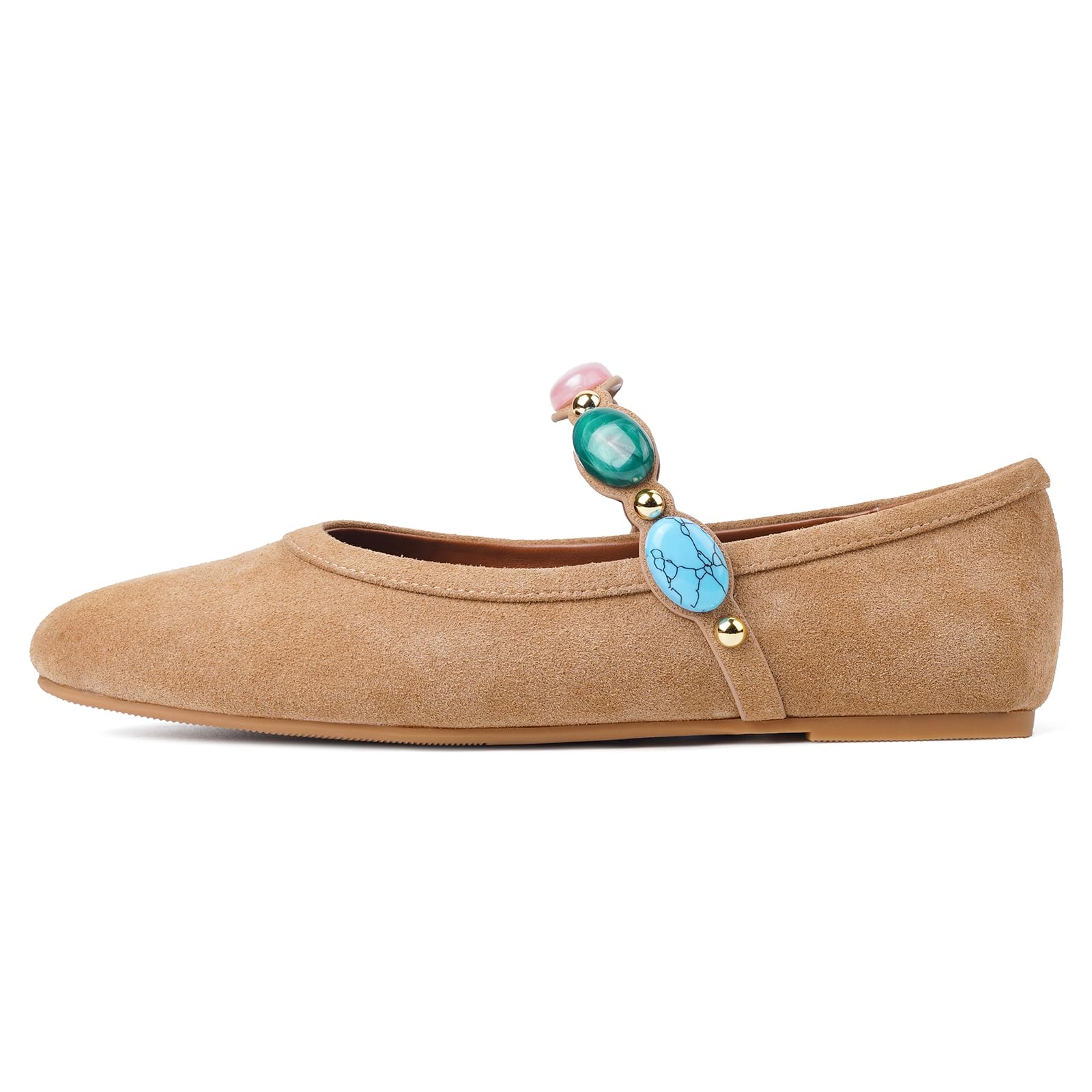 Gothictor Jeweled Ballet Flats for Women Round Toe Gem Strap Elegant Mary Jane Shoes Casual Ballerina Dress Shoes Brown Suede 7.5 Image