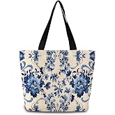 ZhuVantrix Chinoiserie Pattern Reusable Grocery Tote Bag -2 | Aesthetic Shopping Shoulder Handbag with Interior Zipper Pocket, Chinoiserie Pattern Present for Women Friends