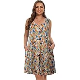 LARACE Women Plus Size Summer Dresses V Neck Sleeveless A Line Sundresses Button Down Midi Dress with Pockets