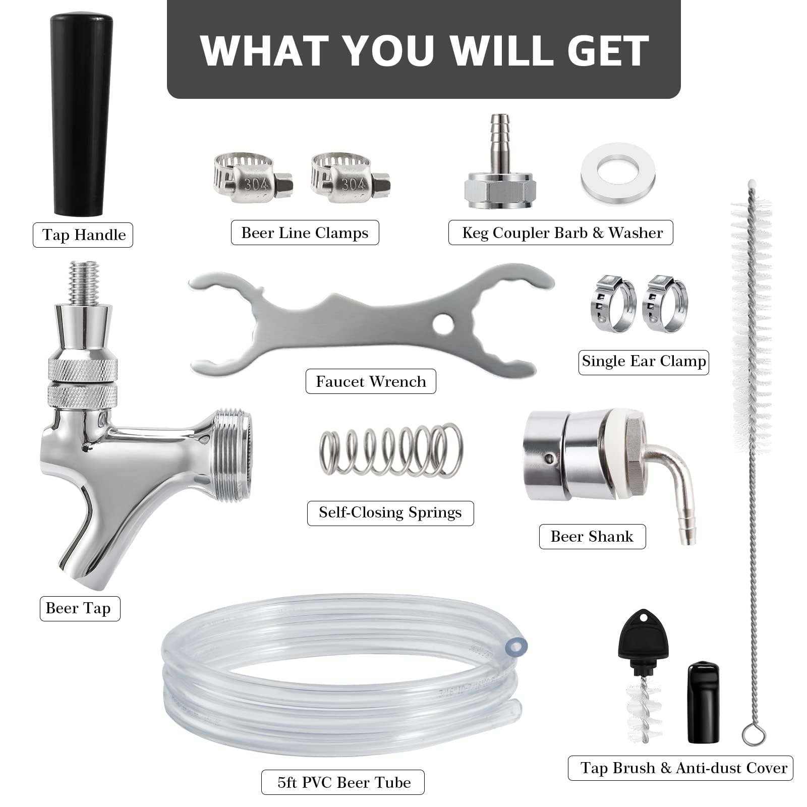 Draft Beer Faucet Beer Line Shank Kit Kegerator Parts Beer Tower Dispenser Replacement Set Self-Closing Beer Tap Wrench I.D.3/16” Beer Tubing 1/4”Keg Coupler Barb Cleaning Brush Tap Cover