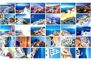HOSTEESSCHOICE Travel postcards,Set of 30 Post cards variety pack depicting from Around the World Famous Travel Sites,Assorted Postcards Bulk, 4 x 6 -Santorini