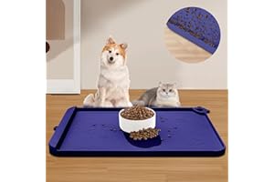 RAOUOEN Dog Food Mat, Silicone Dog Mat for Food and Water -Pet Feeding Mats with Residue Collection Pocket, Waterproof Dog Cat Bowl Mats with Raised Edges and Hooks, Placemats for Cats and Dogs Water Bowl
