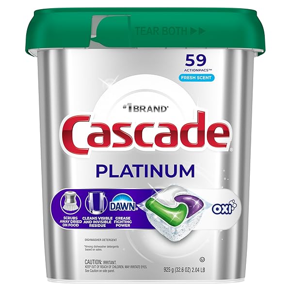CASCADE PLATINUM + OXI DISHWASHER PODS, DISHWASHER DETERGENT, DISH DETERGENT SOAP, FRESH, 59 COUNT