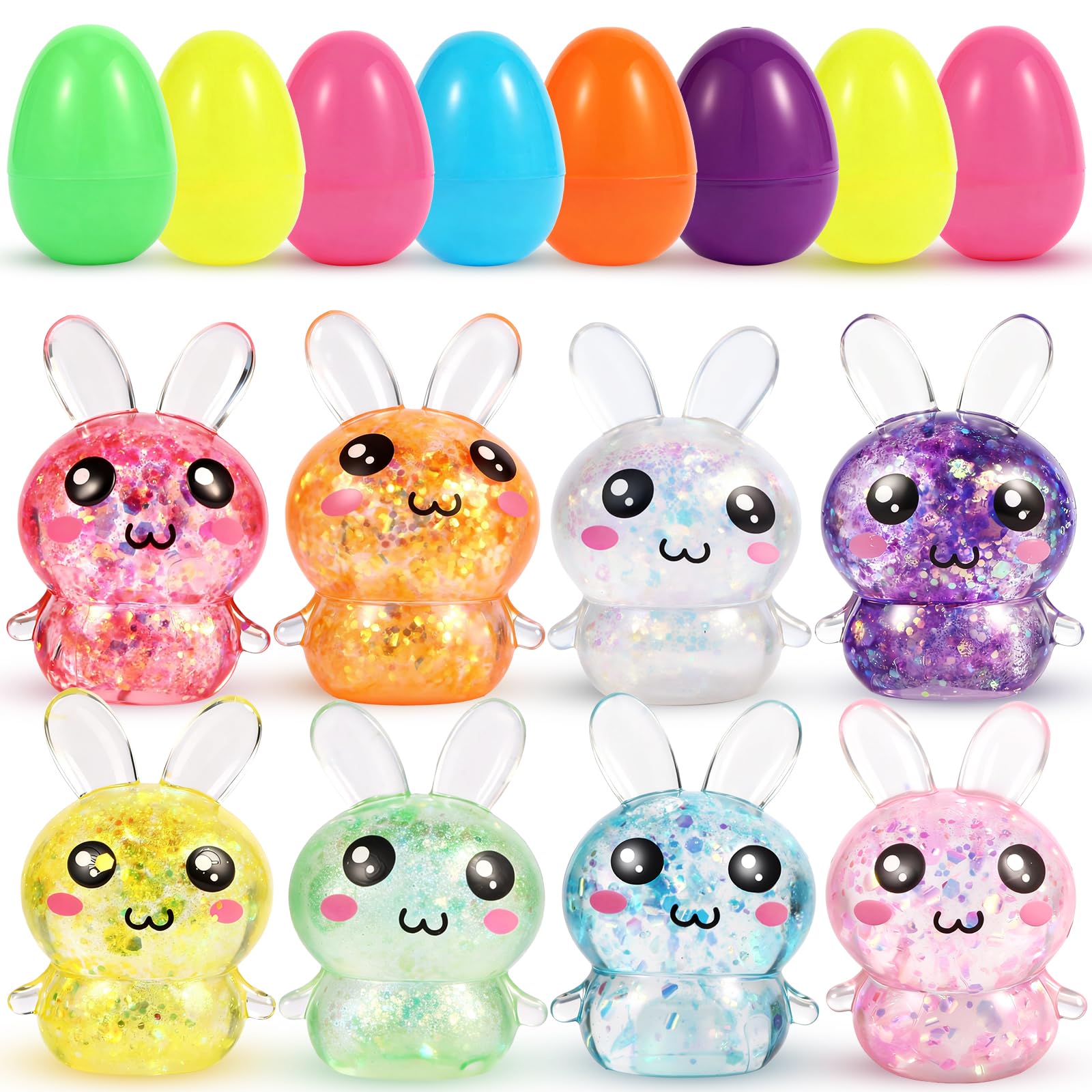 Easter Egg Fillers & Basket Stuffer Essentials – 8PCS Glitter Easter Bunny Squishy Toys with Plastic Eggs – 2.7in Cute Bunny Stress Balls for Kids and Adults, Classroom Gifts & Egg Hunt Party Favors