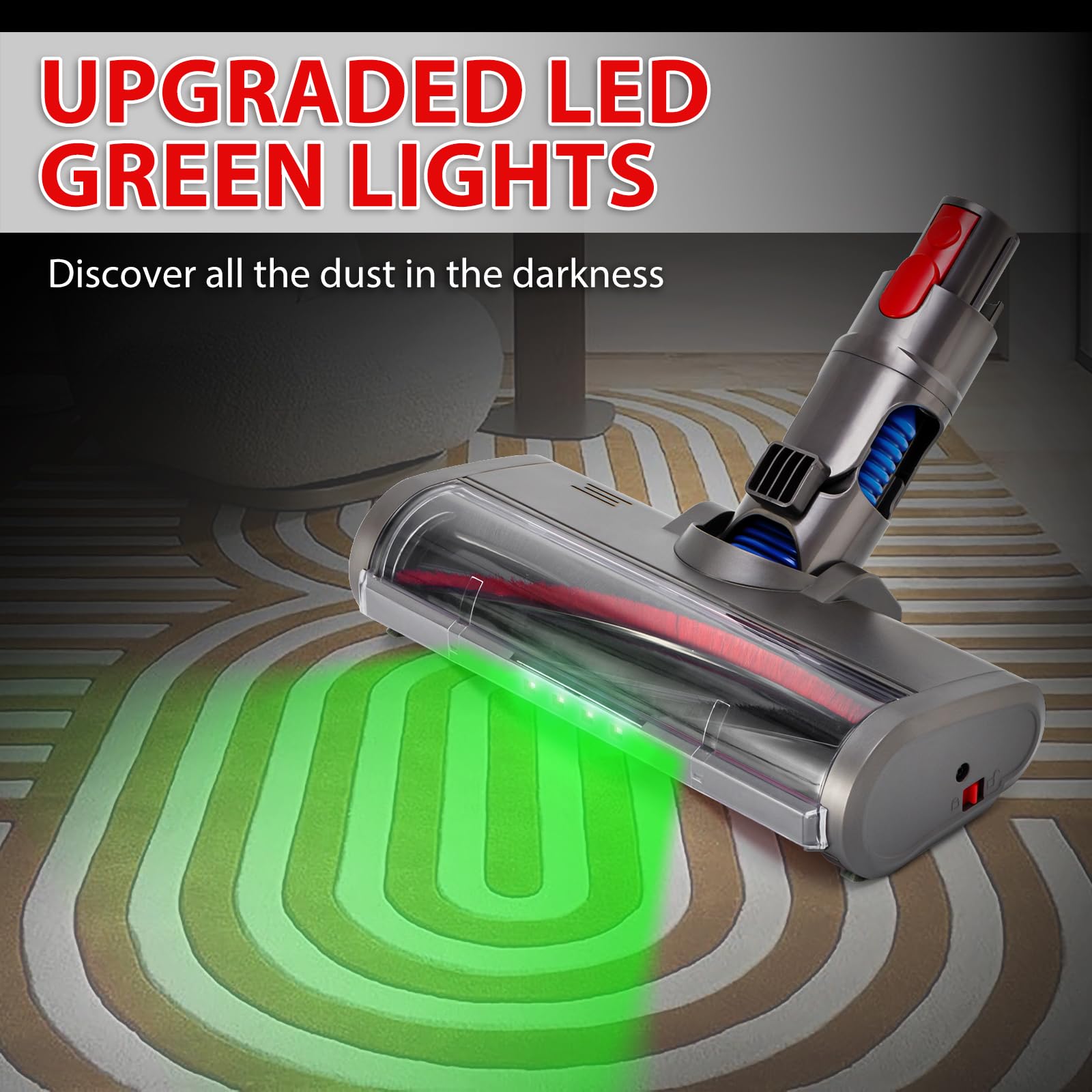 ELVANO Cleaner Head Bristle Roller Brush: Motorhead Compatible with Dyson V7 V8 V10 V11 V15 Cordless Vacuum Attachment with Dust LED Lights - Direct Drive Replacement Parts for Carpet