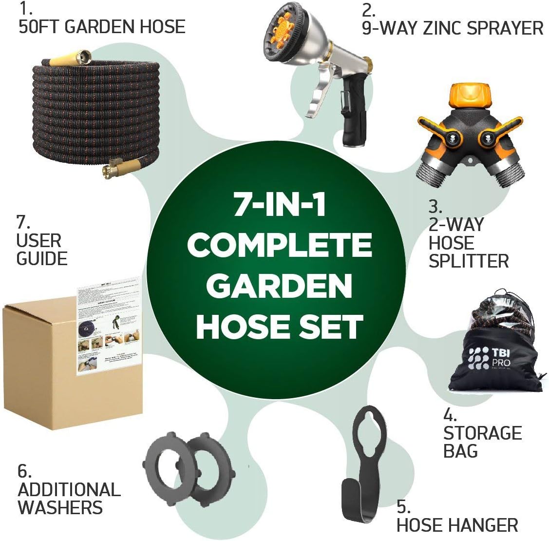 [7 in 1] Garden Hose Expandable Set 50ft - Superior Strength 3750D / 4-Layers Latex/Extra-Strong Brass Connectors / 10-Way Durable Zinc Water Spray Nozzle, 2-Way Pocket Flexible Splitter (50 Feet) : Garden & Outdoor