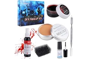 MEICOLY SFX Makeup Kit Scars Wax, Fake Blood Spray(2.1Oz) Halloween Special Effect Wound Modeling Skin Wax(1.67Oz) with Spatula, Black Stipple Sponge, Coagulated Blood Gel(1.06Oz),5ml Castor Sealer,02