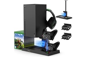 Vertical Cooling Stand for Xbox Series X Console - Dual Controller Charging Dock Station with 2 Pack 1400mAh Batteries & Game