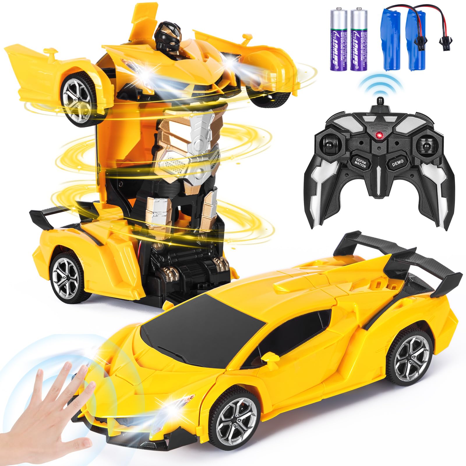 Highttoy Transforming Remote Control Car with Hand Gesture Sensing, Lights & Music, 360° Rotation 2.4GHz 1:18 RC Car Robot Toys for 3 4 5 6 7 8 Year Old Boys Girls Gifts, Yellow