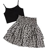 RoseSeek Girl's 2 Piece Outfits Lace Ruched Camisole Tops and Shirred High Waisted Layered Floral Skirts Set