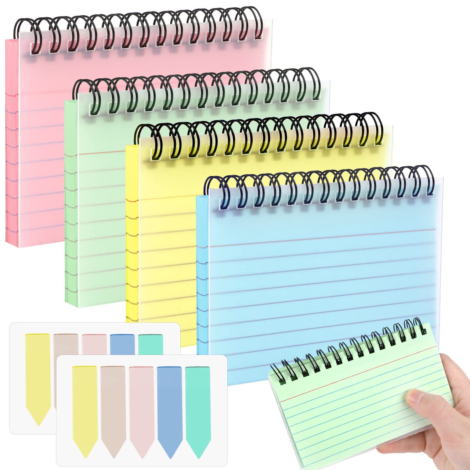 Tikplus Revision Cards, 200 Sheets Coloured Spiral Bound Flash Cards, Lined Index Cards with Protective Cover and Index Tabs, Record Cards for Office, School, Home Note Taking (5x3 in)