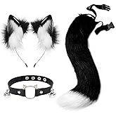 hbbhml Furry Animal Cat Fox Tail Faux Fur Wolf Ear Headband Leather Neck Chocker Costume Set for Party Halloween Cosplay